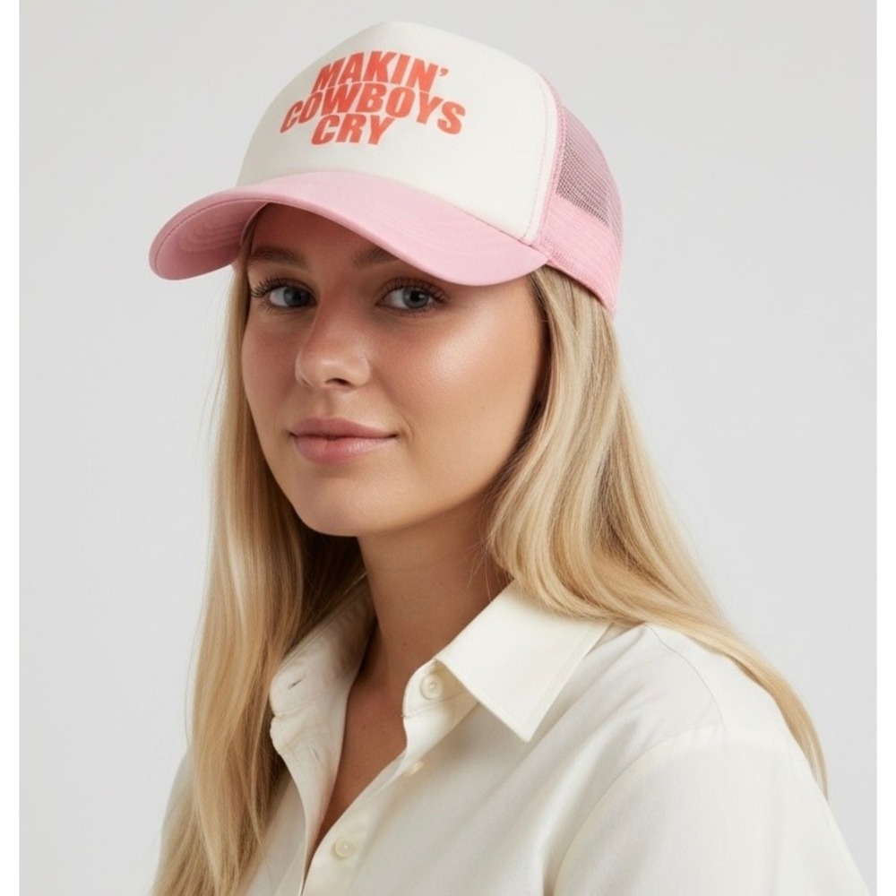 Makin' Cowboys Cry Pink Mesh Trucker Hat One Size Cowgirl Western
